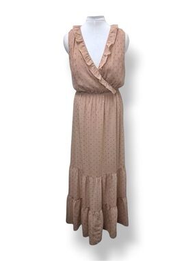 Express Women’s Ruffle Maxi Dress Metallic Clip Dot V Neck Faux Wrap Sleeveless